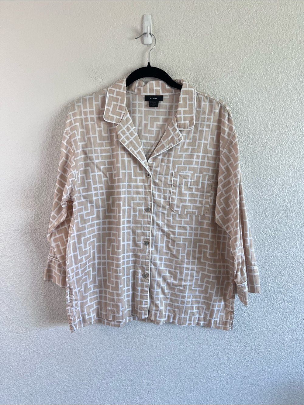 Natori Women’s Geometric Print Notch Collar Pajama Top‎ Cotton Sleep Shirt